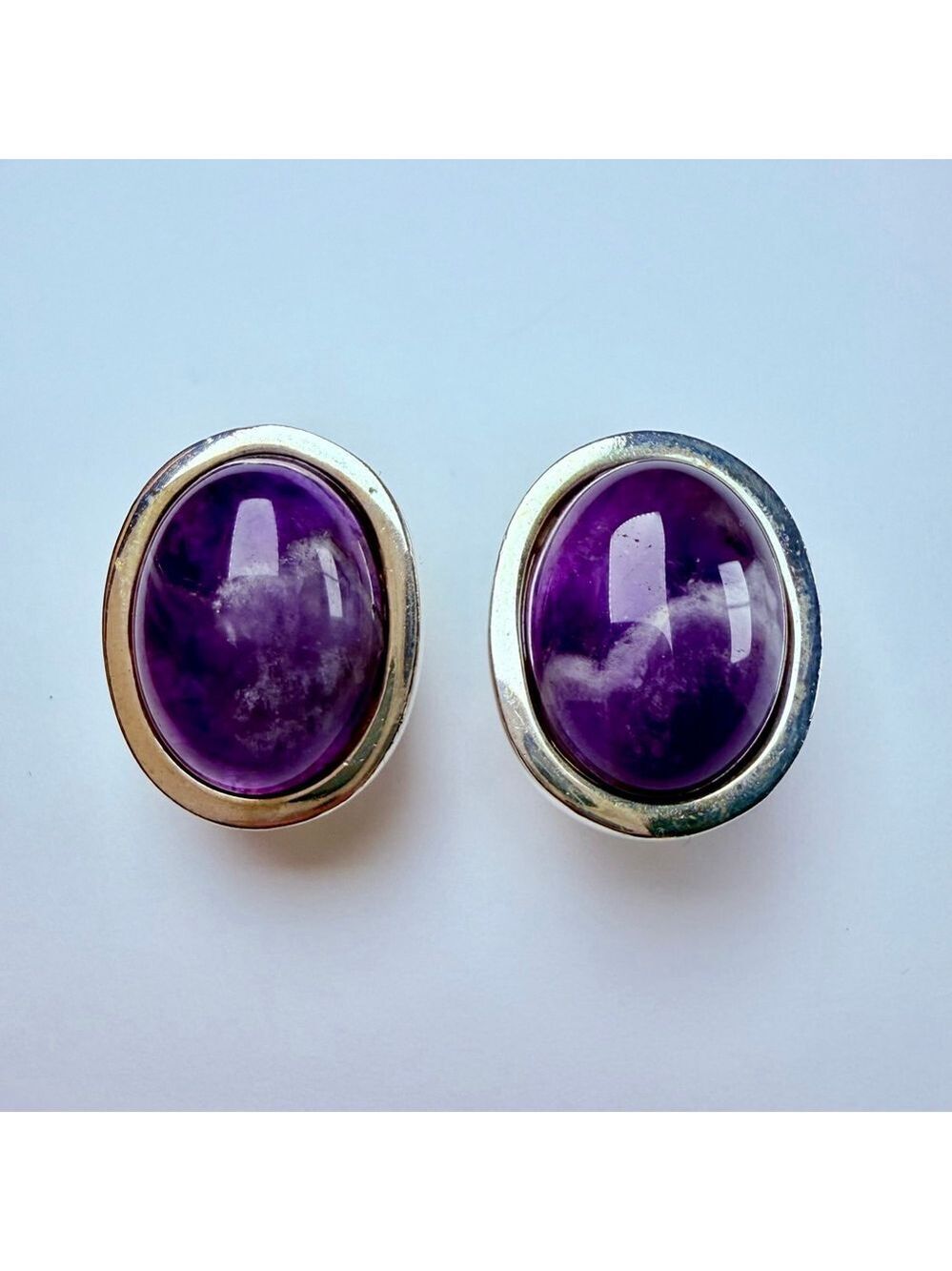 Marble Amethyst Oval Cabochon Sterling Silver 925 Vintage Stud Earrings